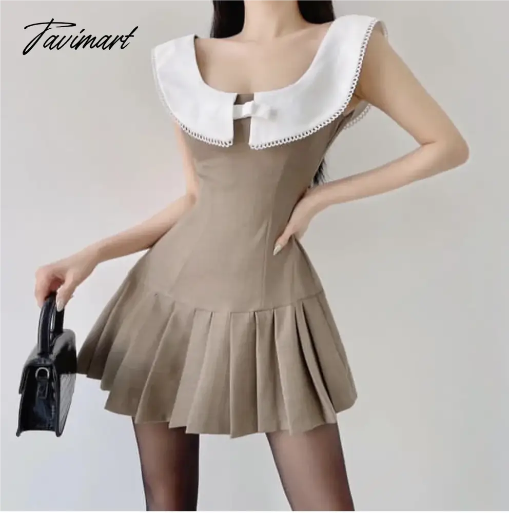 Sweet Summer O-neck Turn-down Collar Patchwork Sleeveless Folds High Waist Holiday Vocation Beach Women Dress