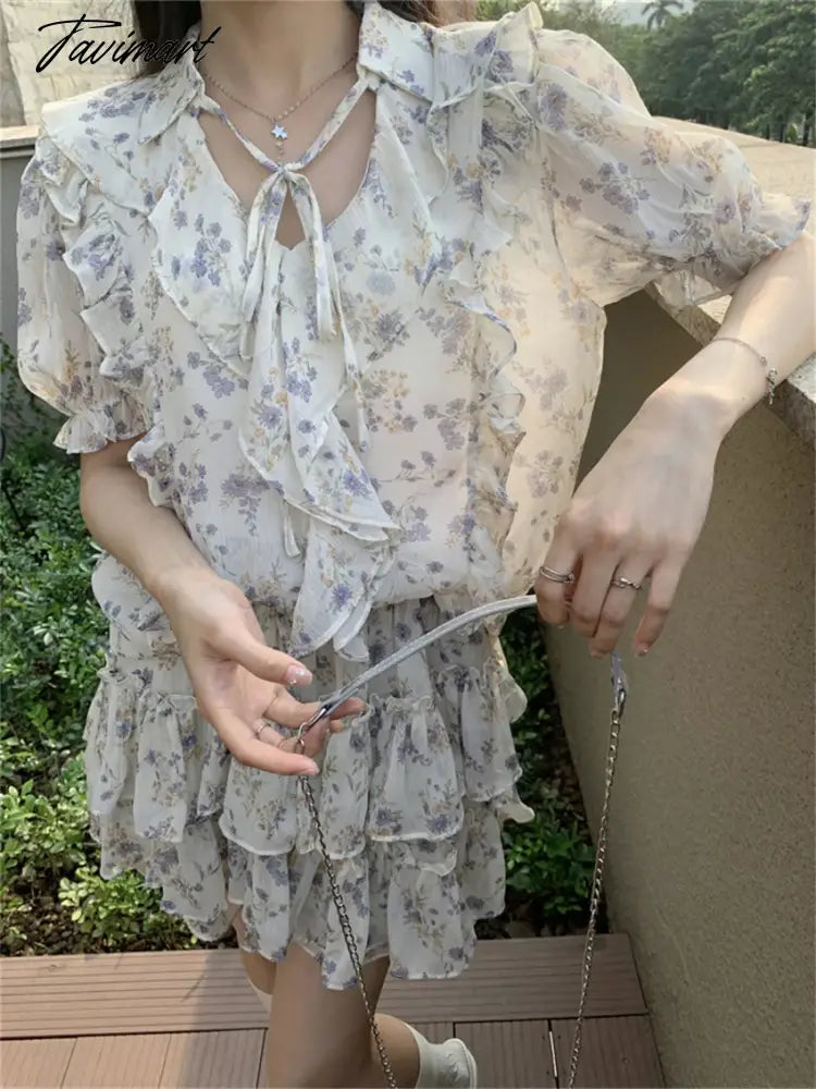 Sweet V-Neck Blouses Printed Vintage Chic Florals Suits Summer Ruffles Mini Skirts Slim Holiday Office Wear Sets