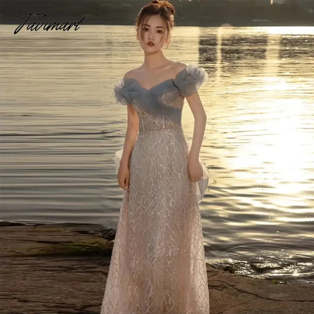 Temperament Celebrity Dresses Haze Blue Off Shoulder Sweetheart Sequins Beading A-line Trail Formal Party Prom Evening Gowns New