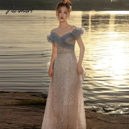 Temperament Celebrity Dresses Haze Blue Off Shoulder Sweetheart Sequins Beading A-line Trail Formal Party Prom Evening Gowns New