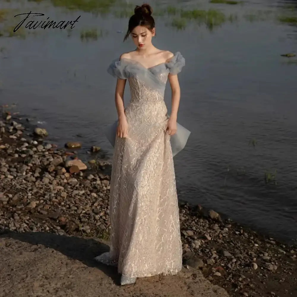 Temperament Celebrity Dresses Haze Blue Off Shoulder Sweetheart Sequins Beading A-line Trail Formal Party Prom Evening Gowns New