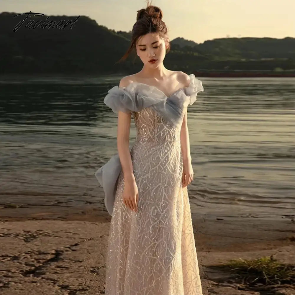Temperament Celebrity Dresses Haze Blue Off Shoulder Sweetheart Sequins Beading A-line Trail Formal Party Prom Evening Gowns New