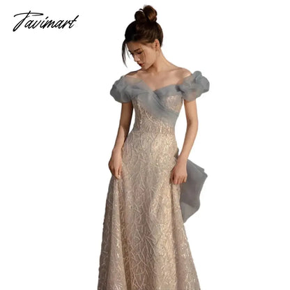 Temperament Celebrity Dresses Haze Blue Off Shoulder Sweetheart Sequins Beading A-line Trail Formal Party Prom Evening Gowns New