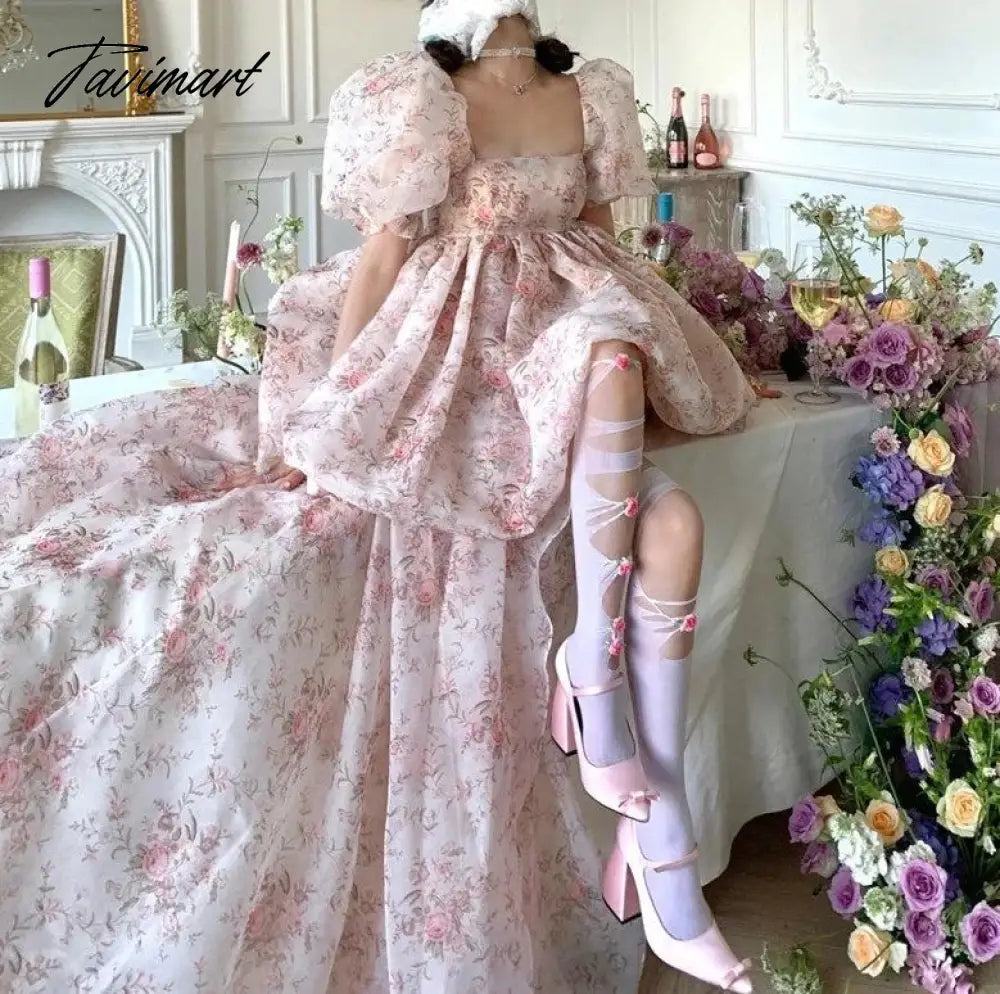 Tulle Tutu Dress Summer New Waist Slimming Puff Sleeve Square Collar Skirt Women's Clothing