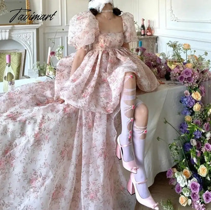 Tulle Tutu Dress Summer New Waist Slimming Puff Sleeve Square Collar Skirt Women's Clothing