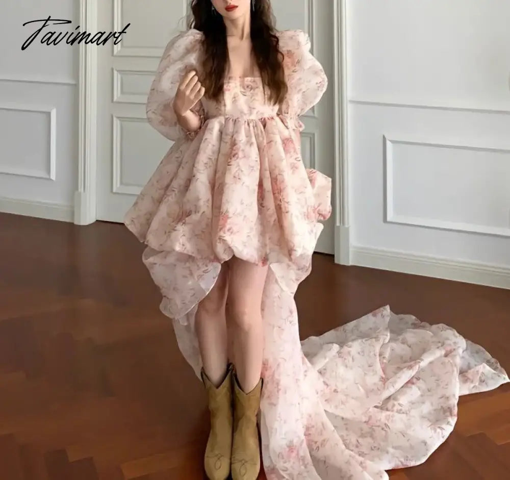 Tulle Tutu Dress Summer New Waist Slimming Puff Sleeve Square Collar Skirt Women's Clothing