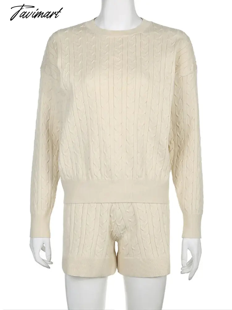 Twisted Flower Knitted Sweater Shorts 2 Pieces Set Woman Autumn Winter Long Sleeve Top Elastic High Waist Short Pant Y2k Sets
