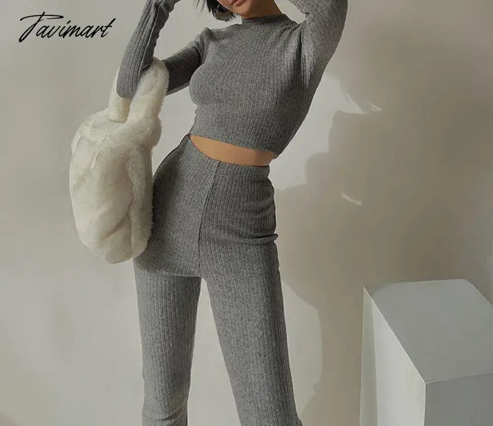 Two 2 Piece Sets Womens Outfits Tracksuits Sweatsuits Knitted Basic Crop Top High Waisted Casual Flare Pants Set Trousers Women