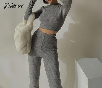 Two 2 Piece Sets Womens Outfits Tracksuits Sweatsuits Knitted Basic Crop Top High Waisted Casual Flare Pants Set Trousers Women