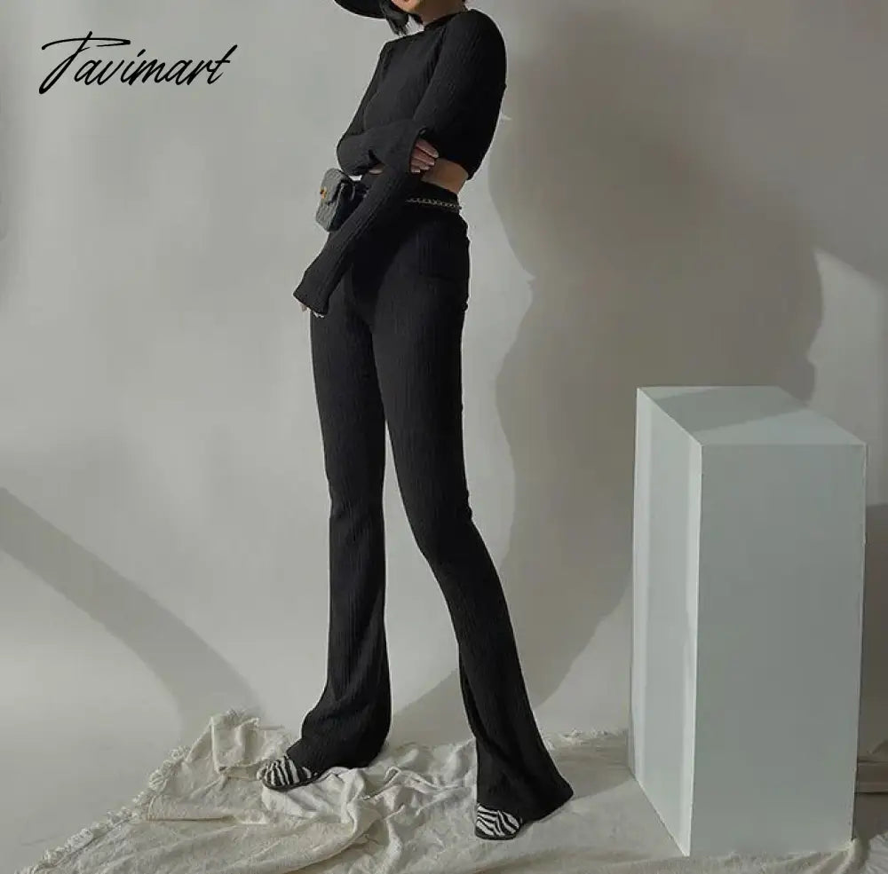 Two 2 Piece Sets Womens Outfits Tracksuits Sweatsuits Knitted Basic Crop Top High Waisted Casual Flare Pants Set Trousers Women