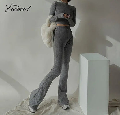Two 2 Piece Sets Womens Outfits Tracksuits Sweatsuits Knitted Basic Crop Top High Waisted Casual Flare Pants Set Trousers Women