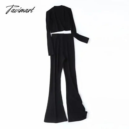 Two 2 Piece Sets Womens Outfits Tracksuits Sweatsuits Knitted Basic Crop Top High Waisted Casual Flare Pants Set Trousers Women