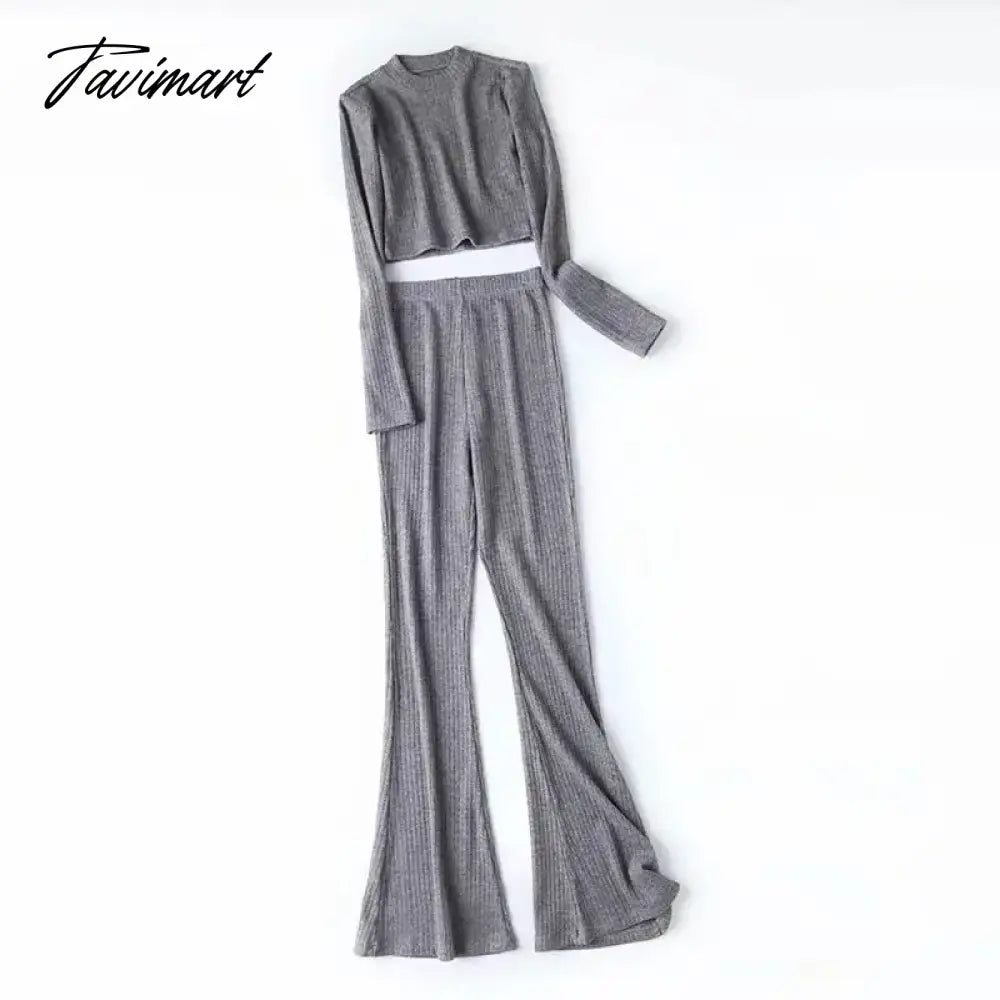 Two 2 Piece Sets Womens Outfits Tracksuits Sweatsuits Knitted Basic Crop Top High Waisted Casual Flare Pants Set Trousers Women