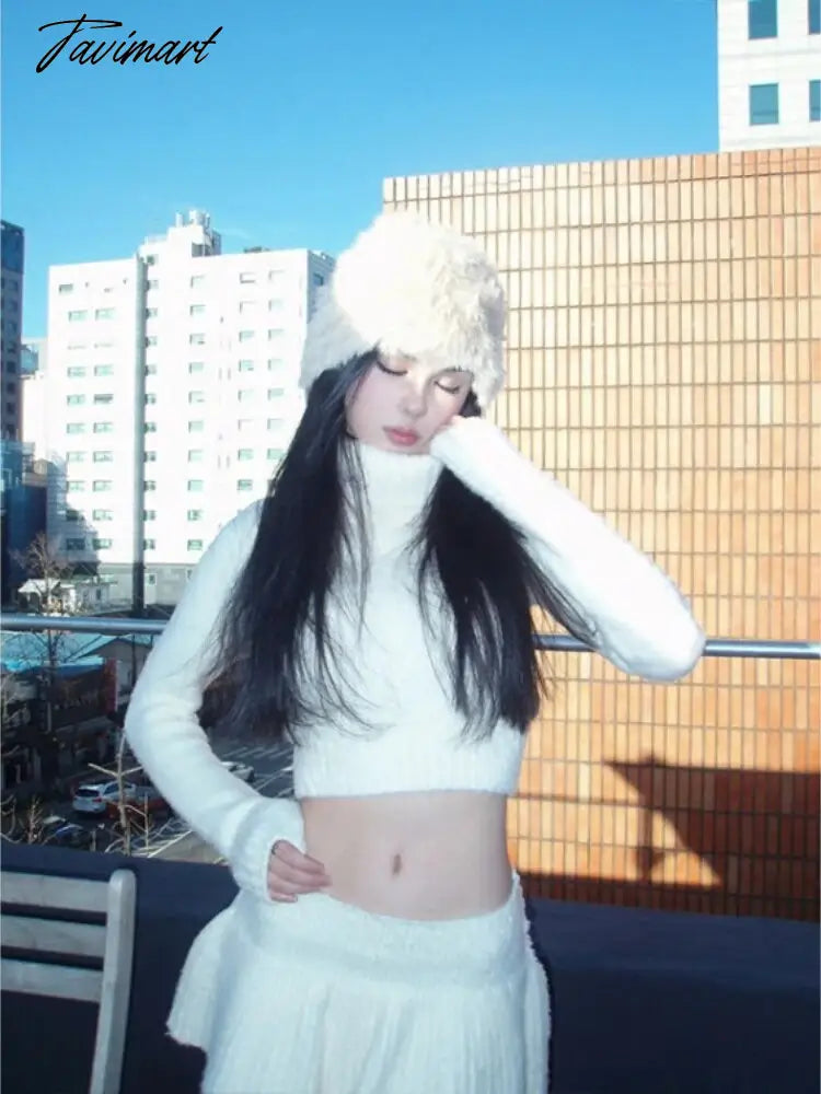 Two Pieces Set Y2k Aesthetic Vintage Turtleneck Knitted Cropped Sweaters + Streetwear Solid Sexy Pleated Women Sweet Mini Skirts