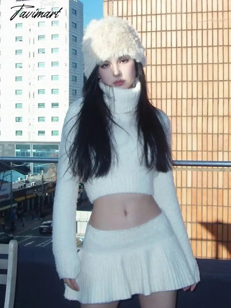 Two Pieces Set Y2k Aesthetic Vintage Turtleneck Knitted Cropped Sweaters + Streetwear Solid Sexy Pleated Women Sweet Mini Skirts