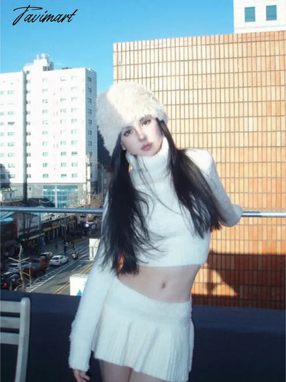 Two Pieces Set Y2k Aesthetic Vintage Turtleneck Knitted Cropped Sweaters + Streetwear Solid Sexy Pleated Women Sweet Mini Skirts