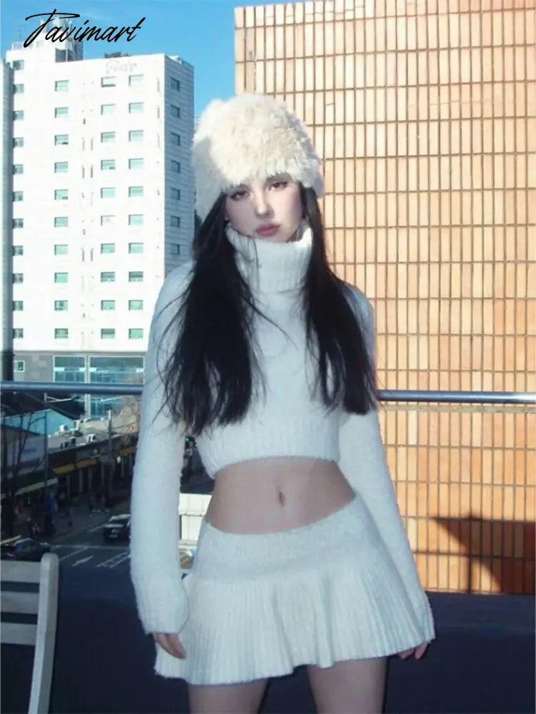 Two Pieces Set Y2k Aesthetic Vintage Turtleneck Knitted Cropped Sweaters + Streetwear Solid Sexy Pleated Women Sweet Mini Skirts