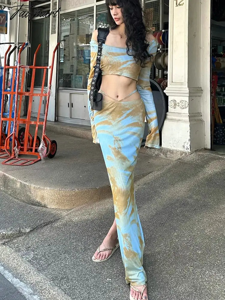 vacation hot girl suit women's long-sleeved short top tie-dye printing design sense of slit bag hip long skirt two-piece set Y2k