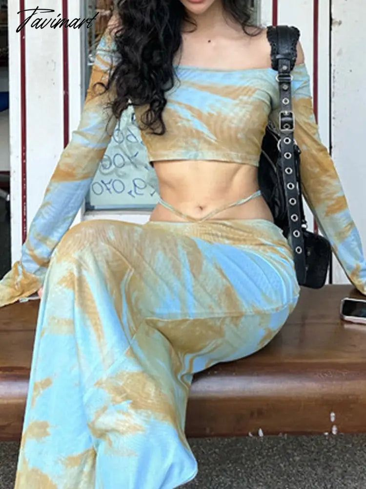 vacation hot girl suit women's long-sleeved short top tie-dye printing design sense of slit bag hip long skirt two-piece set Y2k