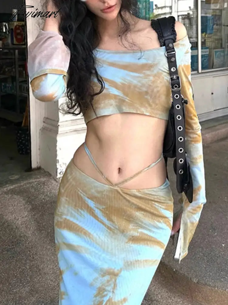 vacation hot girl suit women's long-sleeved short top tie-dye printing design sense of slit bag hip long skirt two-piece set Y2k