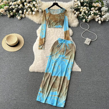 vacation hot girl suit women's long-sleeved short top tie-dye printing design sense of slit bag hip long skirt two-piece set Y2k