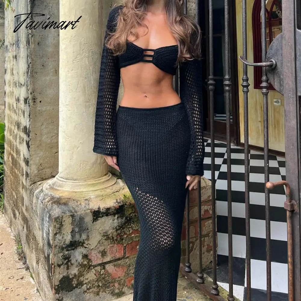 Vintage 2 Piece Set Knitted Backless Tie Up Crop Tops Low Cut Crochet Hollow Out T-shirt + Long Skirt Women Holiday