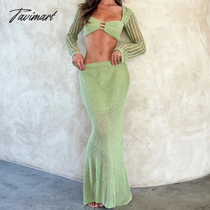 Vintage 2 Piece Set Knitted Backless Tie Up Crop Tops Low Cut Crochet Hollow Out T-shirt + Long Skirt Women Holiday