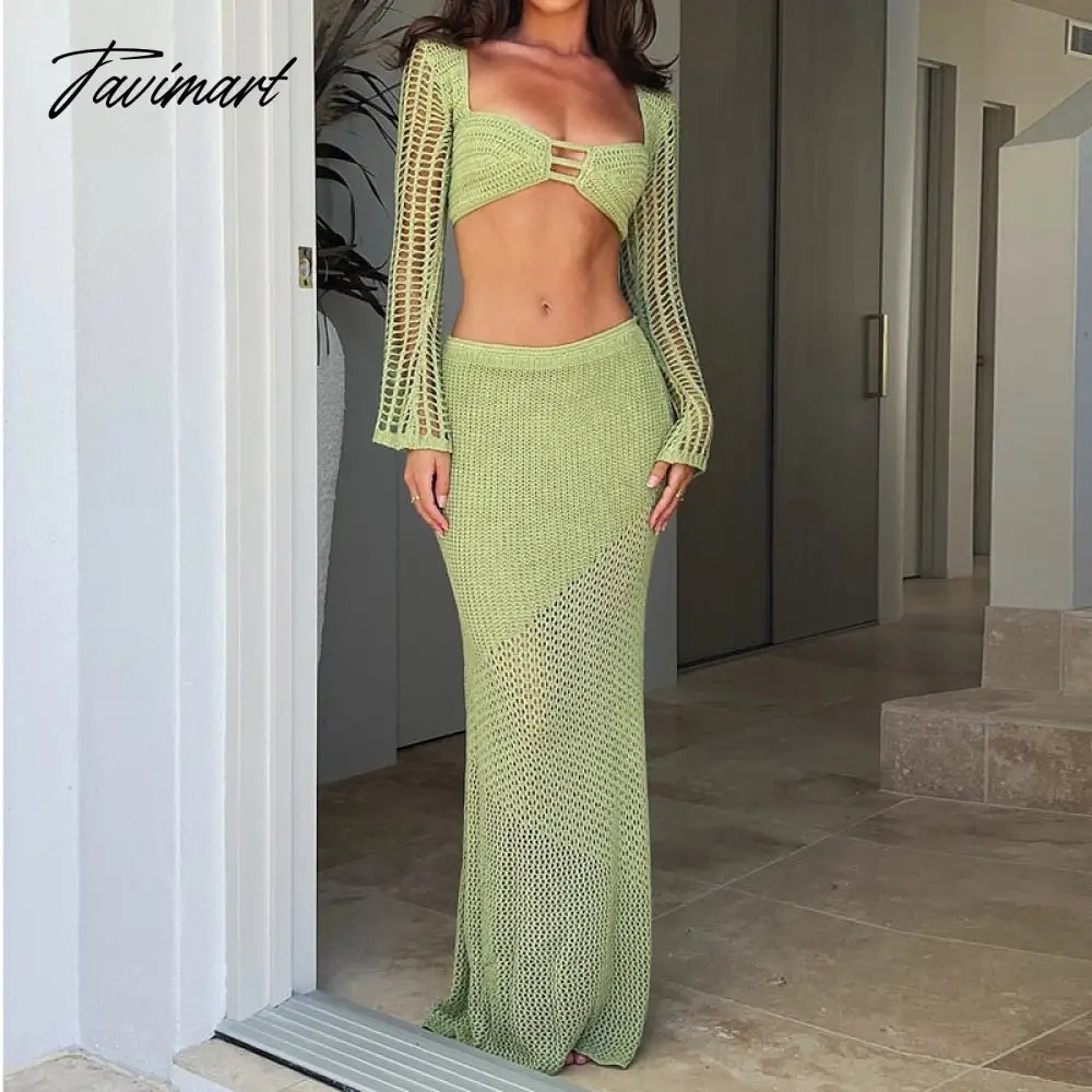 Vintage 2 Piece Set Knitted Backless Tie Up Crop Tops Low Cut Crochet Hollow Out T-shirt + Long Skirt Women Holiday