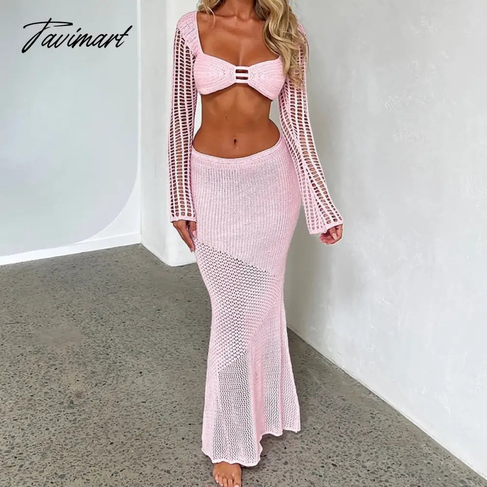 Vintage 2 Piece Set Knitted Backless Tie Up Crop Tops Low Cut Crochet Hollow Out T-shirt + Long Skirt Women Holiday
