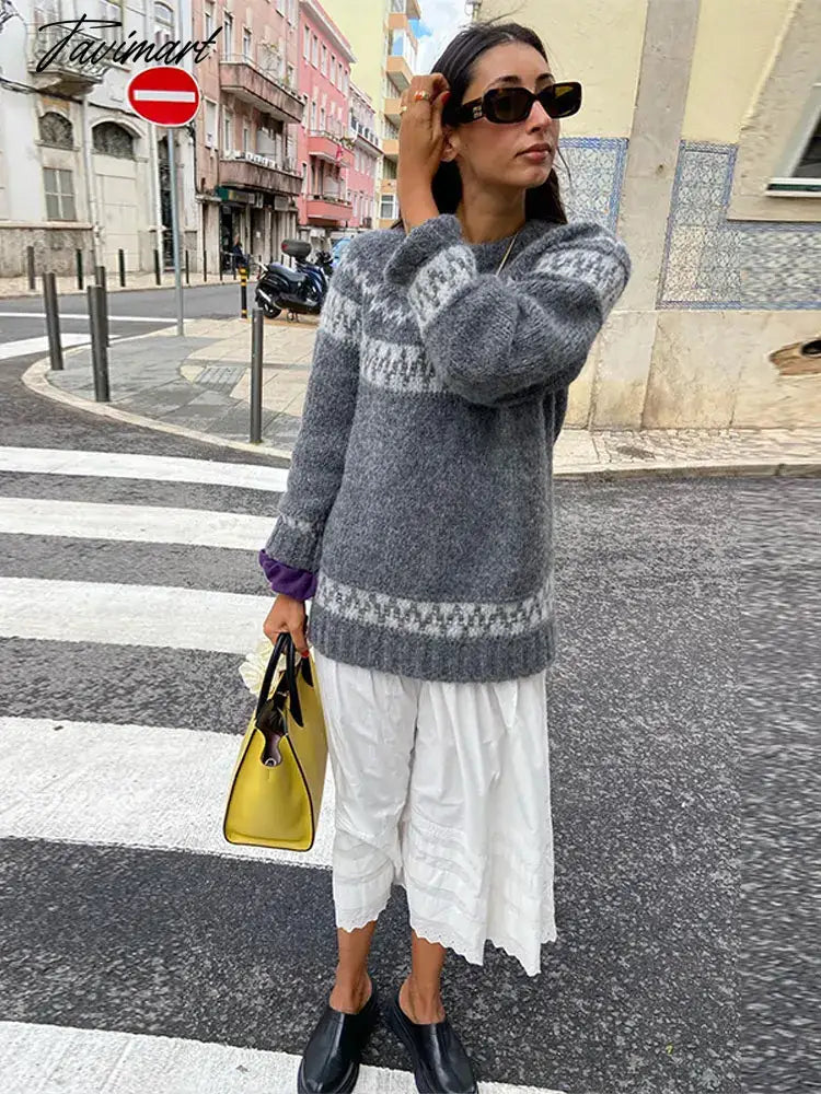 Vintage Autumn Women's Print Oversized Knit Jumper Long Sleeve O-neck Loose Party Pullover Sweater Chic Female Casual Knitwears