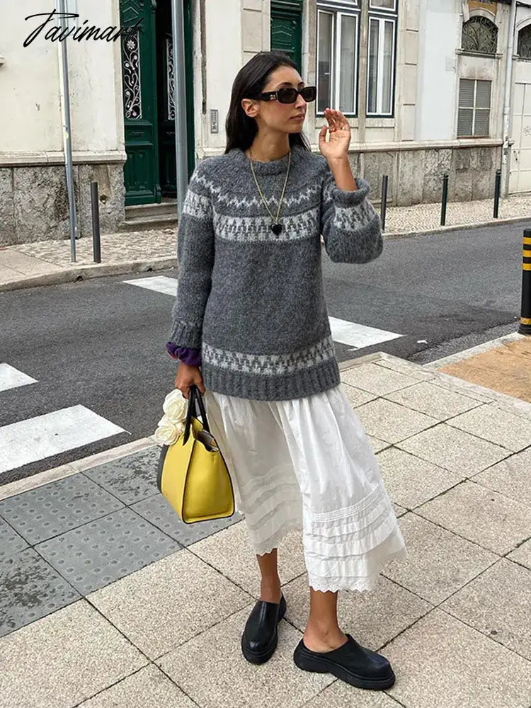 Vintage Autumn Women's Print Oversized Knit Jumper Long Sleeve O-neck Loose Party Pullover Sweater Chic Female Casual Knitwears