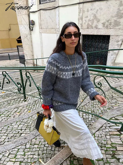 Vintage Autumn Women's Print Oversized Knit Jumper Long Sleeve O-neck Loose Party Pullover Sweater Chic Female Casual Knitwears