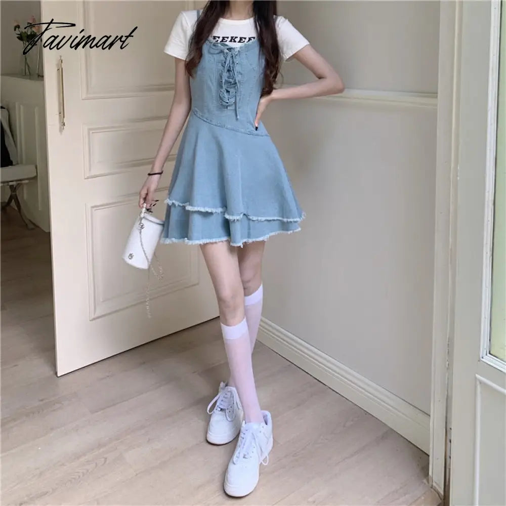 Vintage Bandage Sharpened Edge Cowboy Women's Dress Design Sense Small Crowd Summer New Sweet French Slim Slim Sling Dress