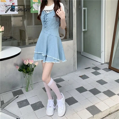 Vintage Bandage Sharpened Edge Cowboy Women's Dress Design Sense Small Crowd Summer New Sweet French Slim Slim Sling Dress