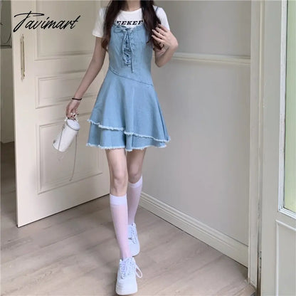 Vintage Bandage Sharpened Edge Cowboy Women's Dress Design Sense Small Crowd Summer New Sweet French Slim Slim Sling Dress