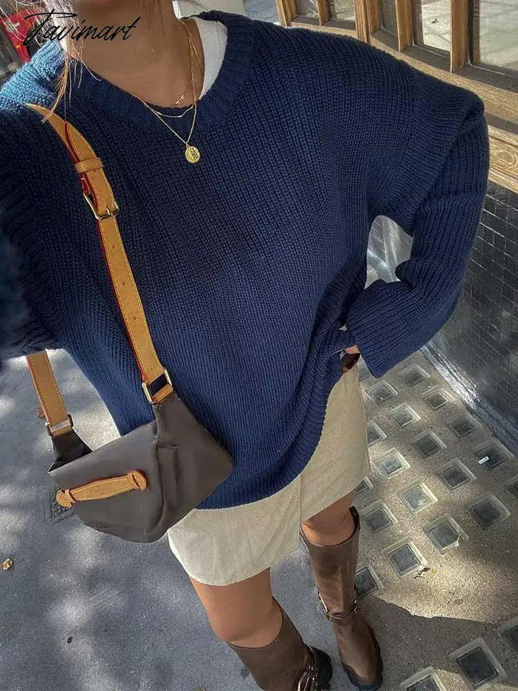 Vintage Blue Women Ribbed Loose Knit Jumper Pullover Long Sleeve Oversized O-neck Autumn Sweater Chic Casual Lady Knitwear Tops