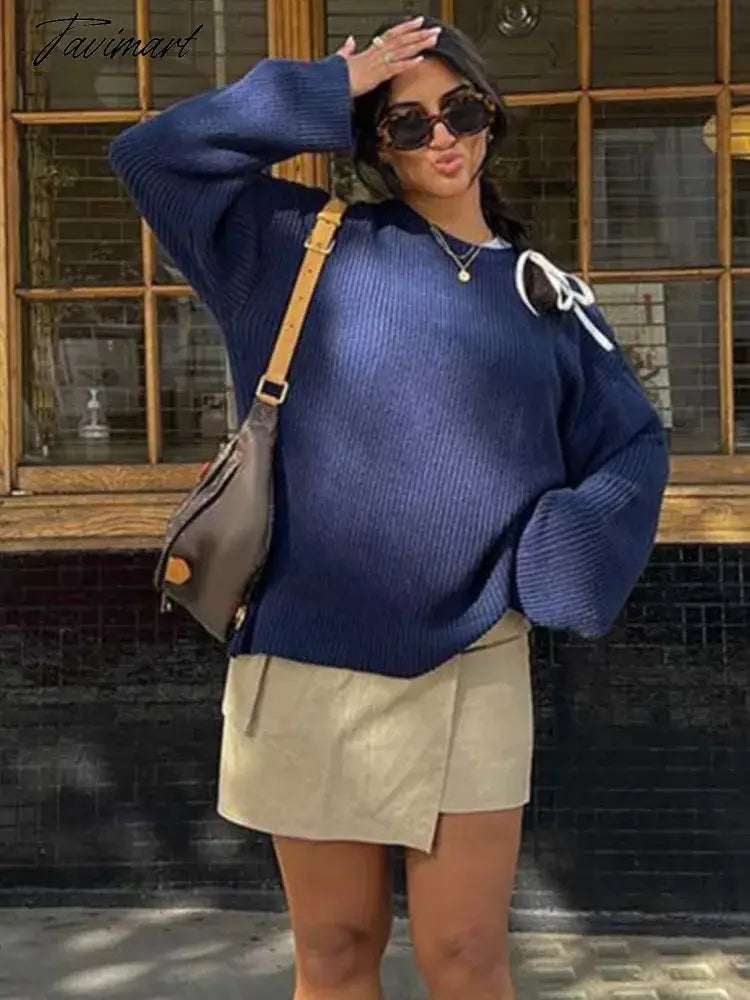 Vintage Blue Women Ribbed Loose Knit Jumper Pullover Long Sleeve Oversized O-neck Autumn Sweater Chic Casual Lady Knitwear Tops