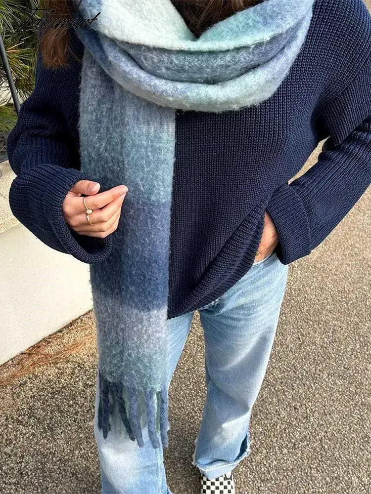Vintage Blue Women Ribbed Loose Knit Jumper Pullover Long Sleeve Oversized O-neck Autumn Sweater Chic Casual Lady Knitwear Tops
