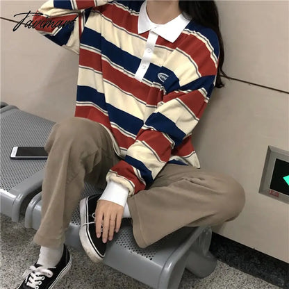 Vintage College Sweatshirts With Polo Collar Long Sleeve Prep Teens Women y2k Aesthetic Streetwear