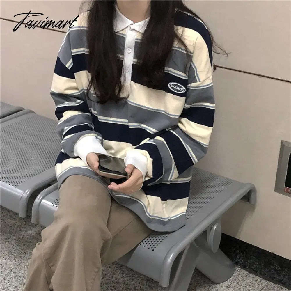 Vintage College Sweatshirts With Polo Collar Long Sleeve Prep Teens Women y2k Aesthetic Streetwear