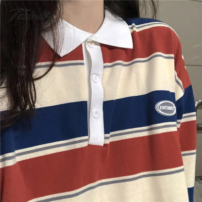 Vintage College Sweatshirts With Polo Collar Long Sleeve Prep Teens Women y2k Aesthetic Streetwear