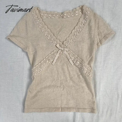 Vintage Crop Top Y2k 2000s Cute Lace-up Trim Knitted T-shirt Women V Neck Short Sleeve Tees Fairy Retro Streetwear