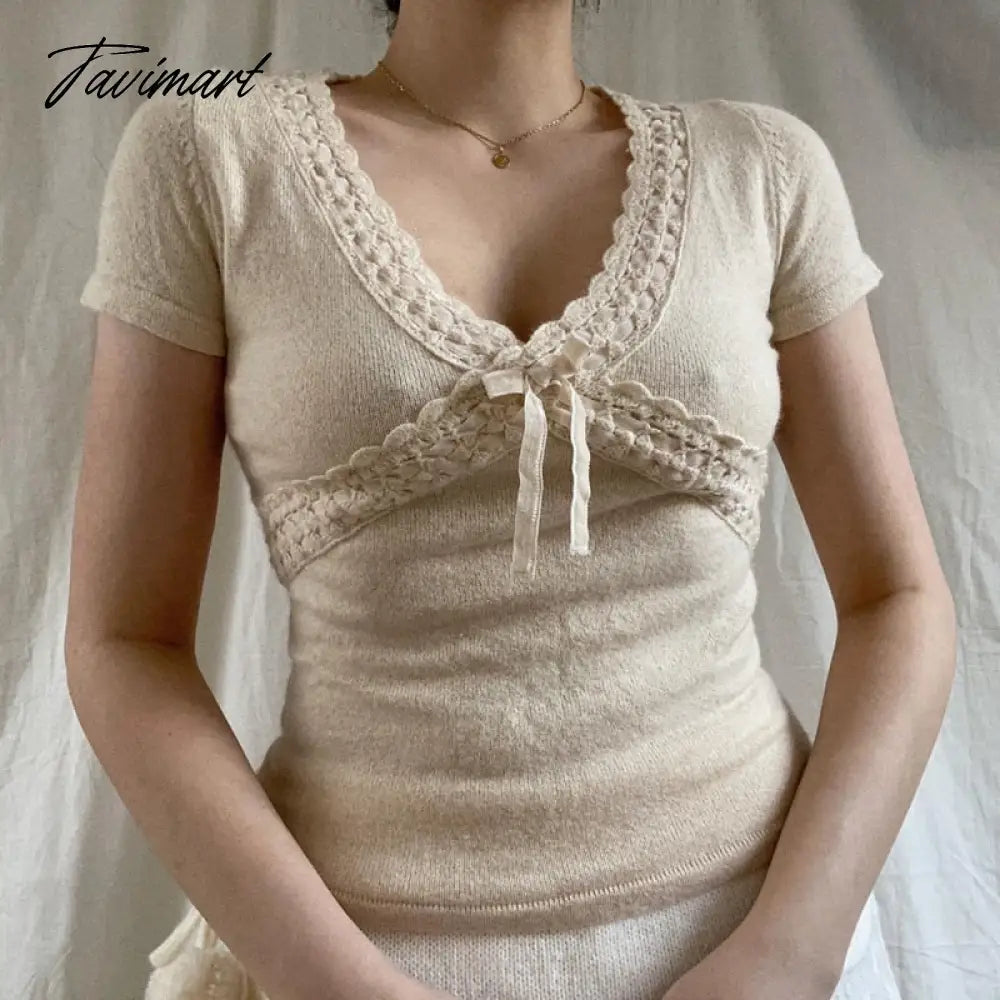 Vintage Crop Top Y2k 2000s Cute Lace-up Trim Knitted T-shirt Women V Neck Short Sleeve Tees Fairy Retro Streetwear