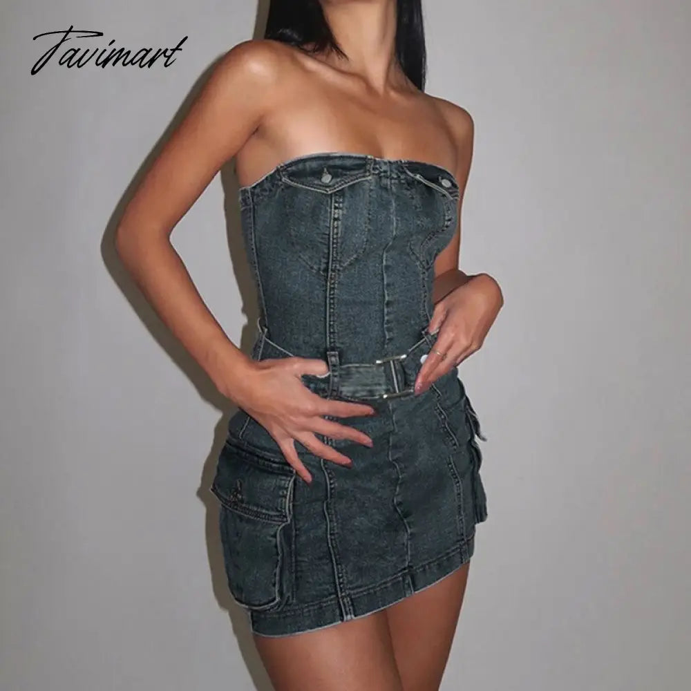 Vintage Denim Dress Hot Strapless Bodycon Slim Mini Dress For Women Summer Sleeveless Summer Wrap Jean Short Dresses