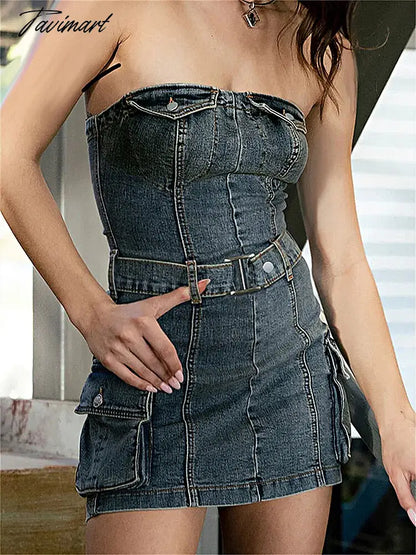 Vintage Denim Dress Hot Strapless Bodycon Slim Mini Dress For Women Summer Sleeveless Summer Wrap Jean Short Dresses
