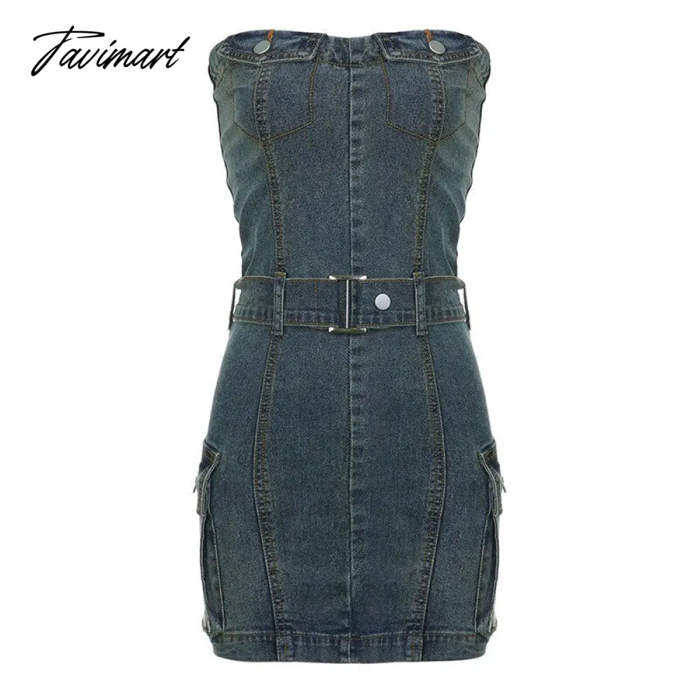 Vintage Denim Dress Hot Strapless Bodycon Slim Mini Dress For Women Summer Sleeveless Summer Wrap Jean Short Dresses