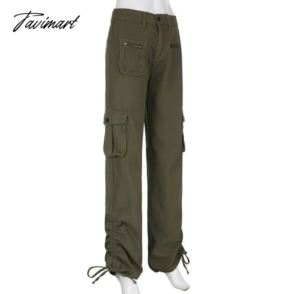 Vintage Green Cargo Pants Jeans Slim Drawstring Lace Pockets Casual Retro Fall High Waist Clothes Women