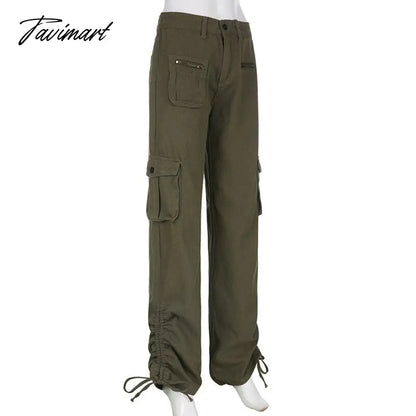 Vintage Green Cargo Pants Jeans Slim Drawstring Lace Pockets Casual Retro Fall High Waist Clothes Women