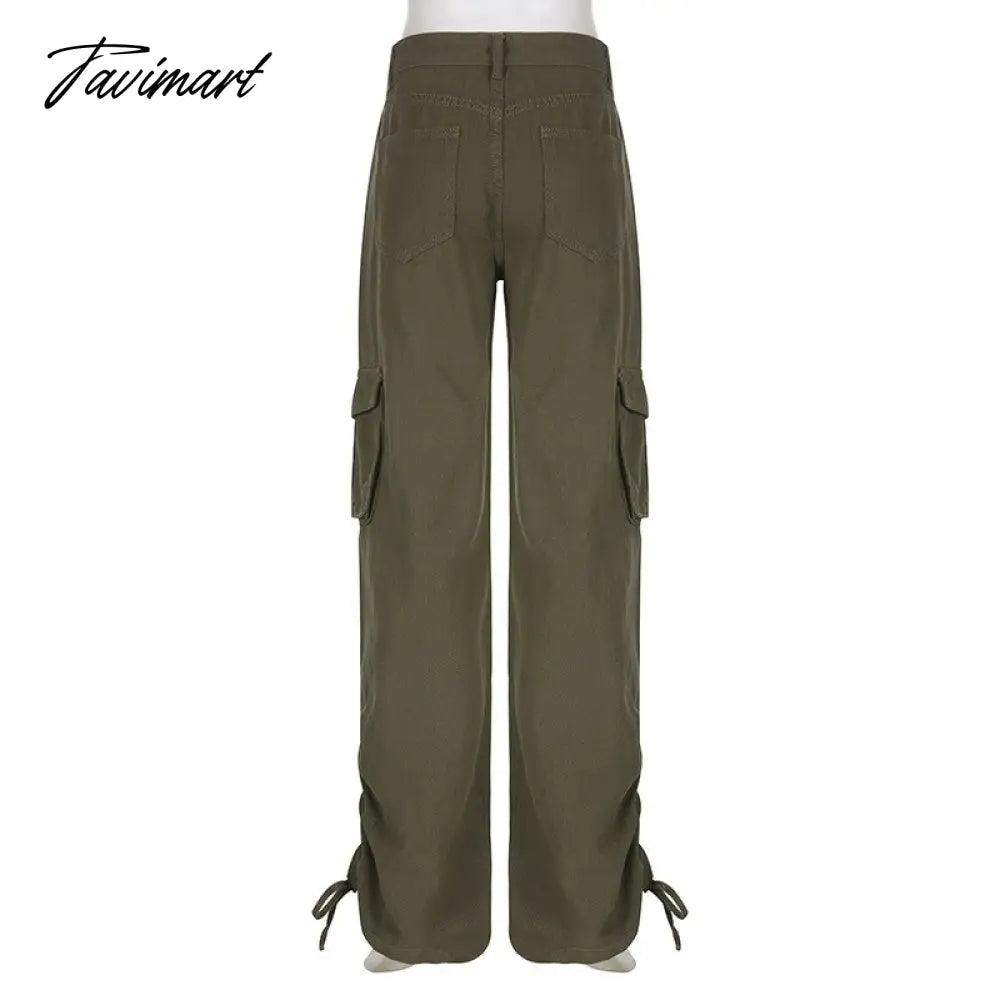 Vintage Green Cargo Pants Jeans Slim Drawstring Lace Pockets Casual Retro Fall High Waist Clothes Women