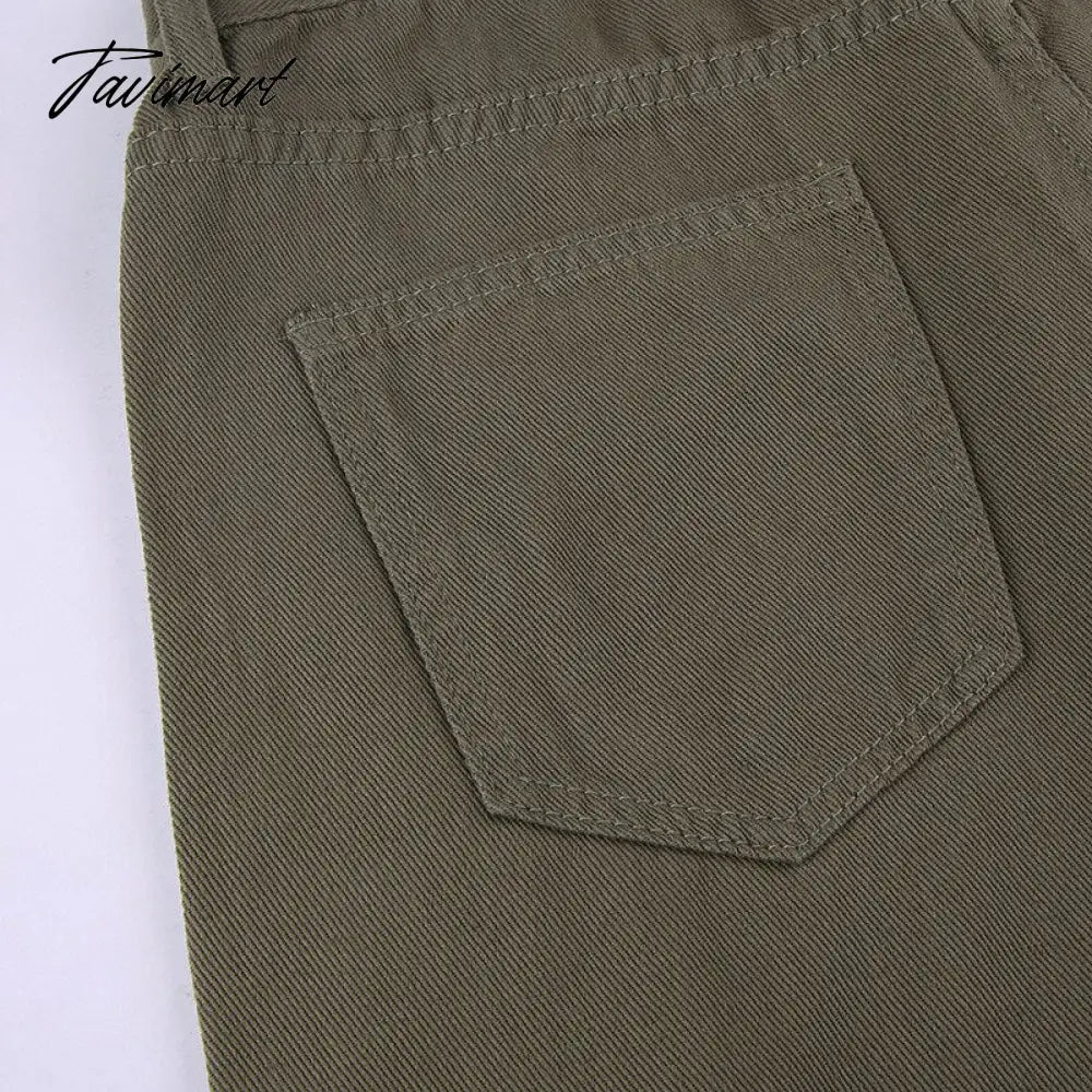 Vintage Green Cargo Pants Jeans Slim Drawstring Lace Pockets Casual Retro Fall High Waist Clothes Women